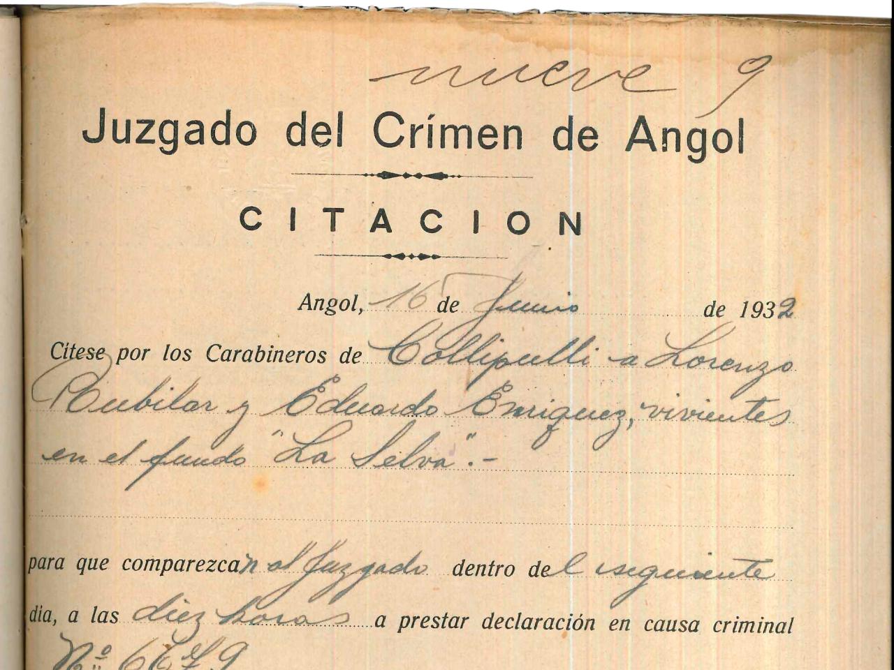 Citación del Juzgado del Crimen de Angol