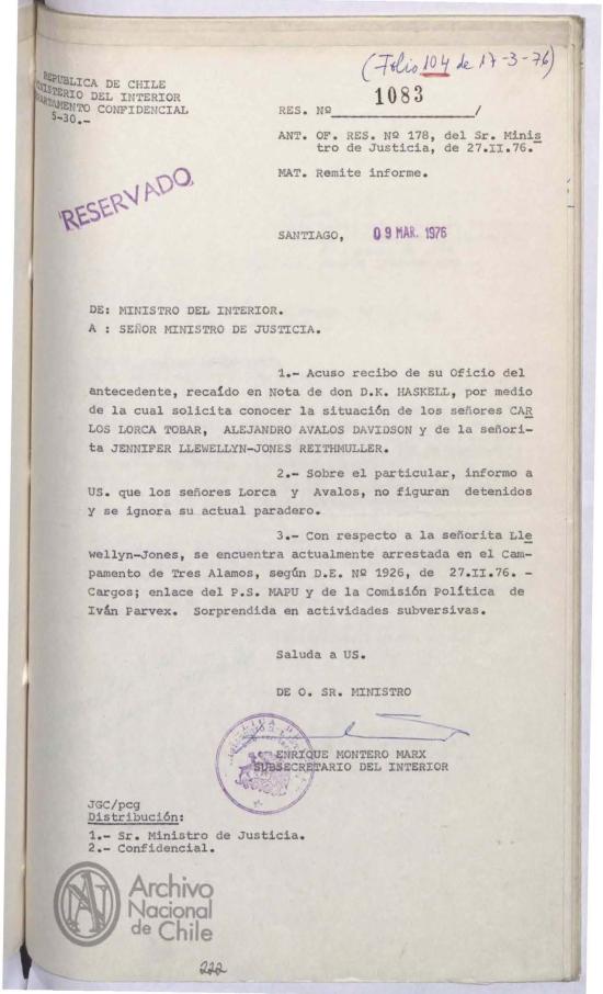 Oficio Reservado N.º 1083, 9 de marzo de 1976