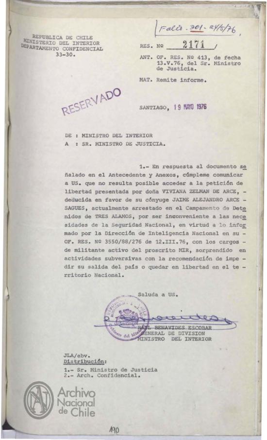 Oficio Reservado N.º 2171, 19 de mayo de 1976