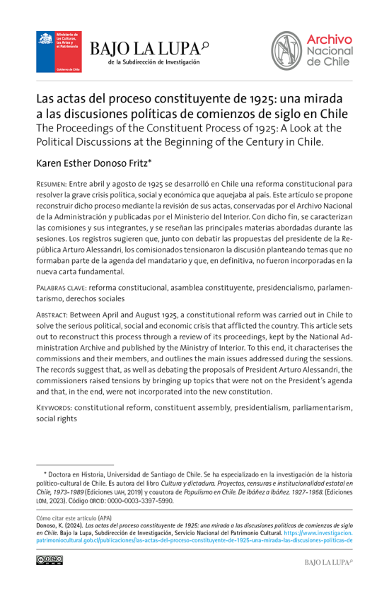 Las actas del proceso constituyente de 1925: una mirada a las discusiones políticas de comienzos de siglo en Chile Las actas del proceso constituyente de 1925: una mirada a las discusiones políticas de comienzos de siglo en Chile
